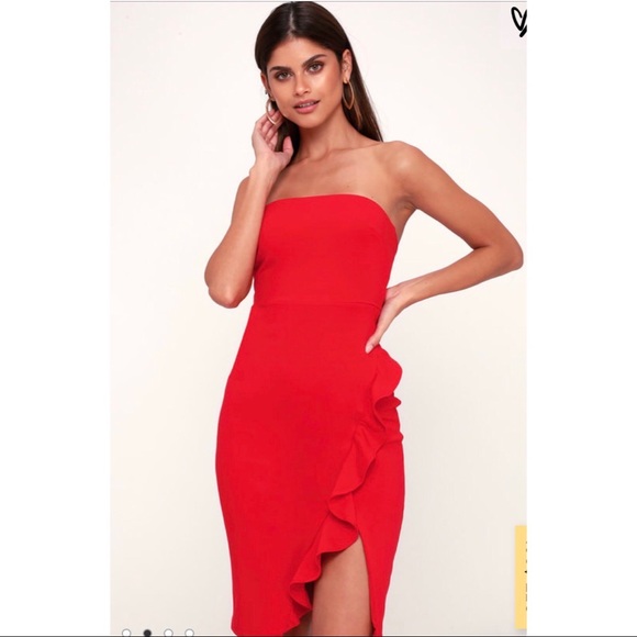 Lulu’s Anika Red Ruffled Strapless Bodycon Dress - Picture 2 of 3
